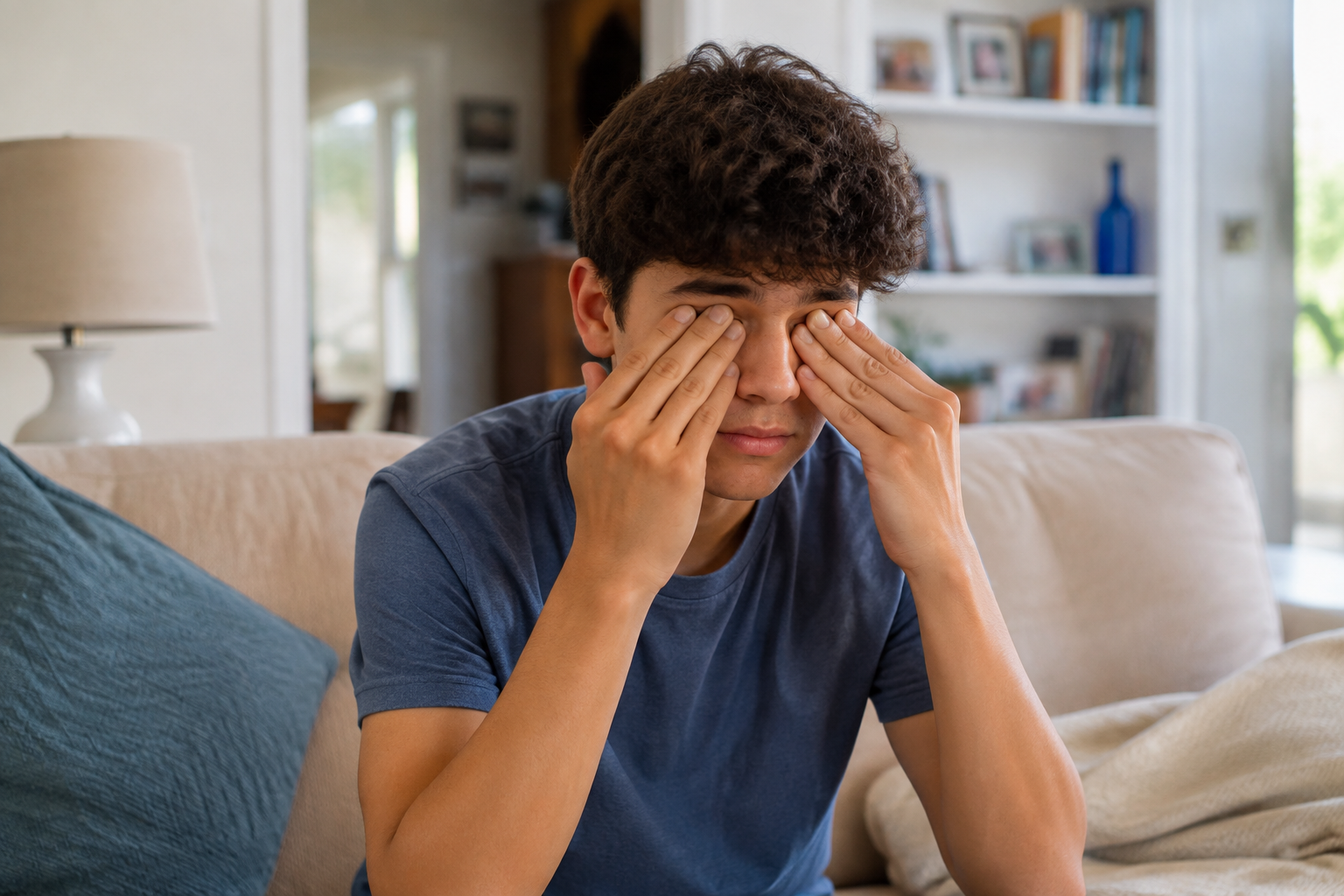 Teenager sitting on a couch rubbing both eyes with his hands.