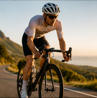 Cyclist riding a coastal road at sunset, glasses-free after laser eye surgery