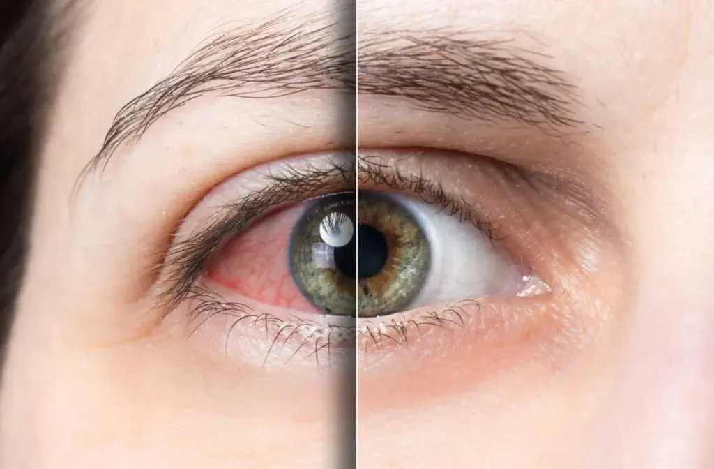 Close-up of two eyes; one with redness and irritation, the other normal.