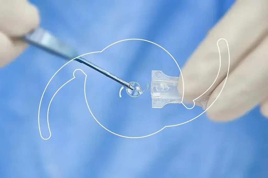 Surgeon holding a replacement lens during cataract surgery.