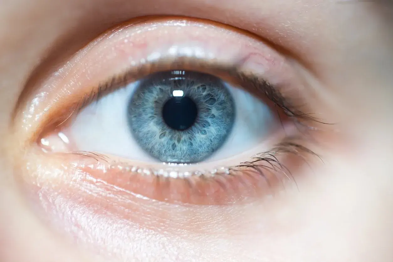 Close-up of a blue eye with visible corneal details.