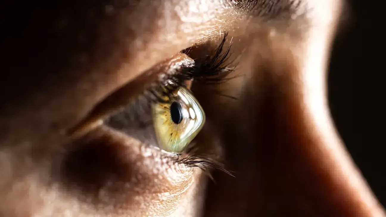 Close-up of a human eye showing characteristics of keratoconus.