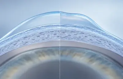 Cross-section illustration comparing a normal cornea with an ectatic cornea that has thinned and bulged forward