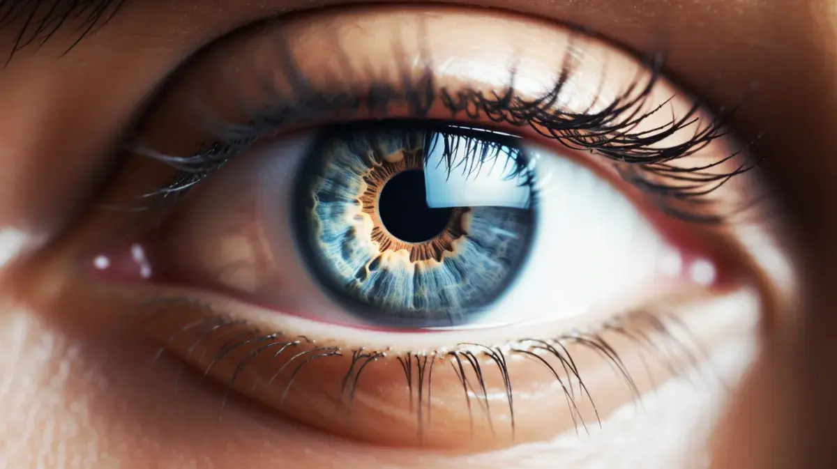 Close-up of a human eye with intricate iris patterns and eyelashes.
