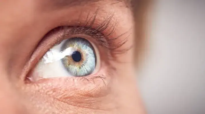 Close-up of a woman's eye showing blue iris and detailed eyelashes.
