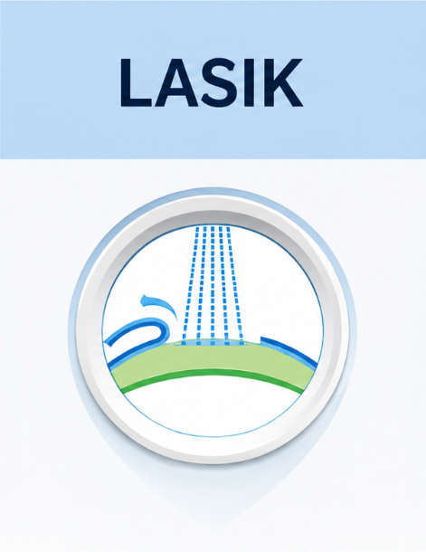 Illustration of LASIK laser eye surgery: a corneal flap lifted before the laser reshapes the tissue underneath
