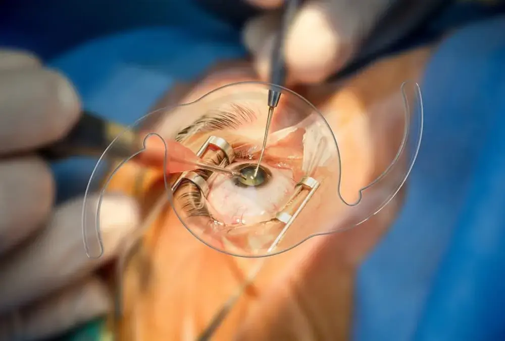 Surgeon performing intraocular lens surgery on a patient's eye.