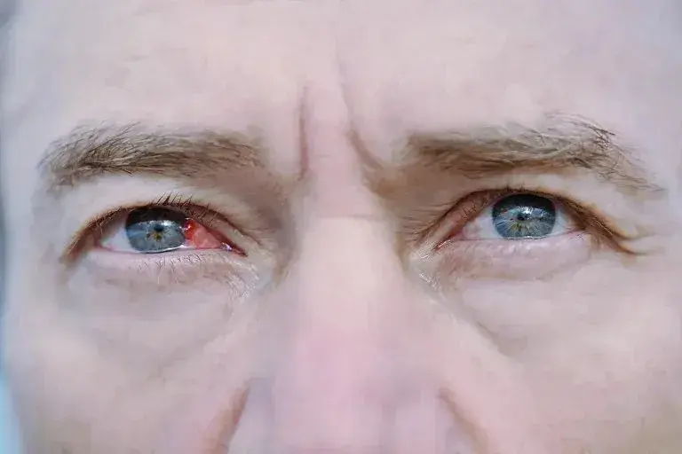 Close-up of a man's eyes showing one red and irritated eye, indicating allergy symptoms.