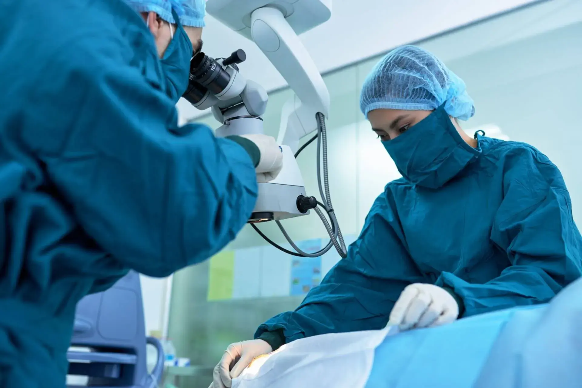 Two surgeons in teal scrubs performing eye surgery under a microscope.