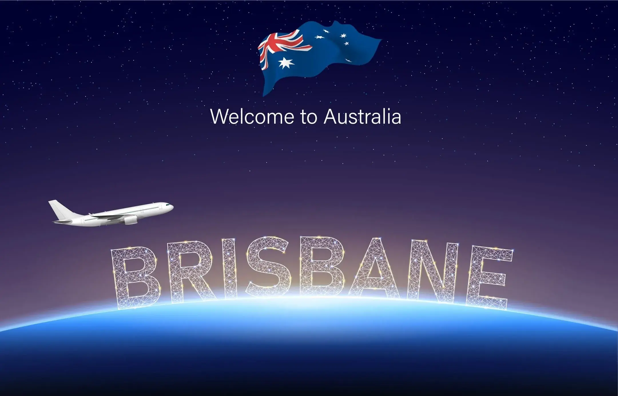 Graphic showing 'Welcome to Australia' with Brisbane text and an airplane.