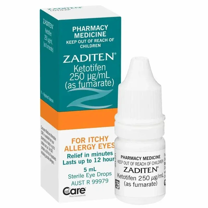 Zaditen eye drops packaging with bottle for itchy allergy eyes.